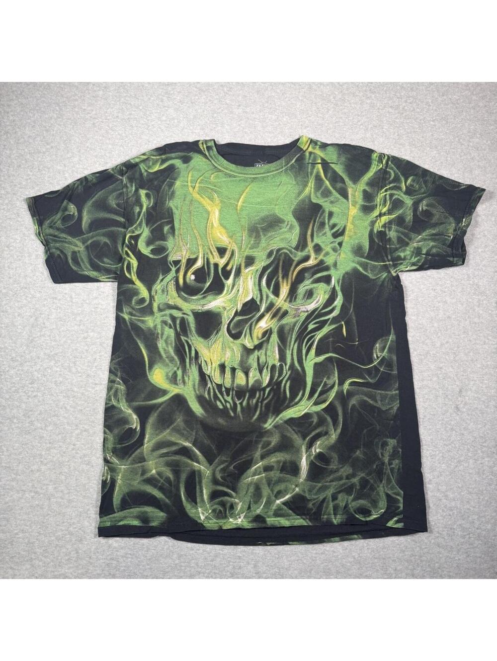 y2k grunge Green skull AOP flames graphic tee
